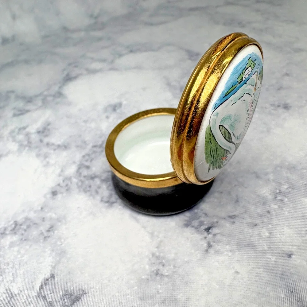 T.K.S. 1801 Enamel Trinket Pill Ring Box Swan Lake Pond White Pink Spring Beauty